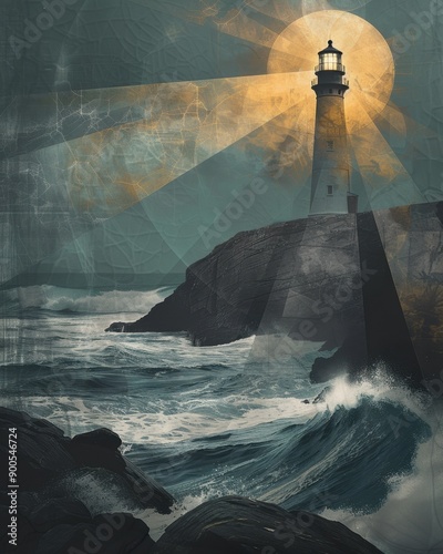Contemporary Art Collage of Lighthouse Illuminating Dark Waters

