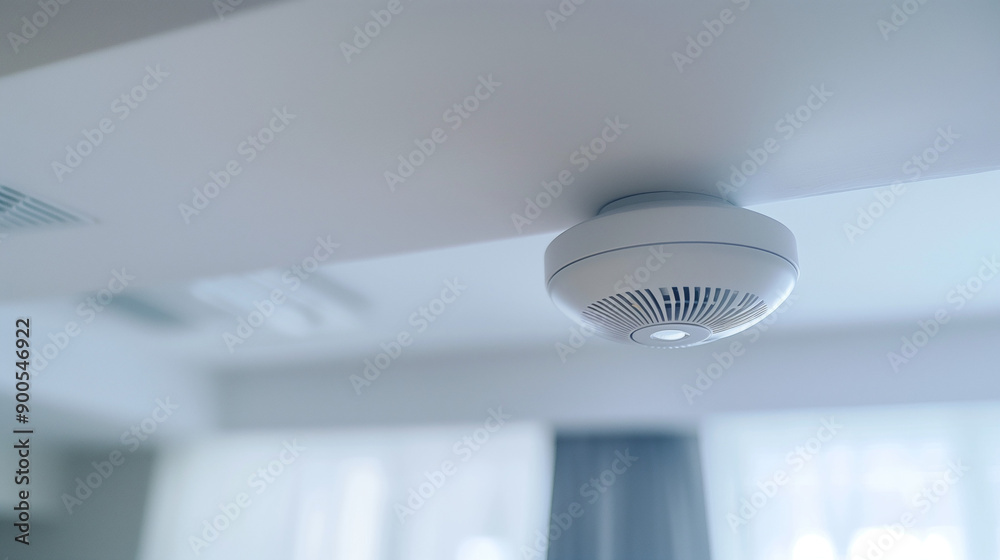 A close-up view of a white smoke detector mounted on the ceiling of an unoccupied room. A home security system that triggers an evacuation alarm if a fire hazard is detected. A close-up view of a white smoke detector mounted on the ceiling of an unoccupied room. A home security system that triggers an evacuation alarm if a fire hazard is detected.
