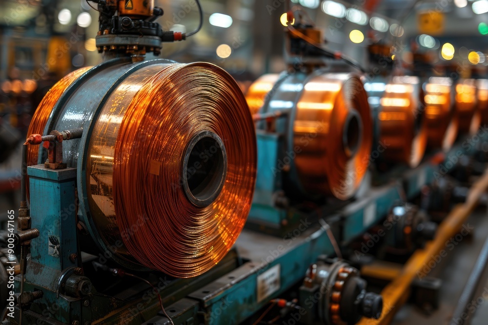 Fototapeta premium Close up of Copper Wire Reels in a Manufacturing Facility