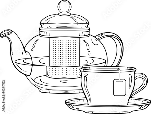 Glass teapot with filter and cup of tea. Cozy autumn, winter. Vector illustrations in hand drawn sketch style isolated on white. Black outline graphic for print, coloring book