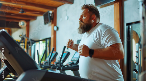 An overweight man with a beard runs on a treadmill in a gym, doing an indoor cardio workout. He focuses on losing weight, improving his figure and leading a healthy lifestyle.