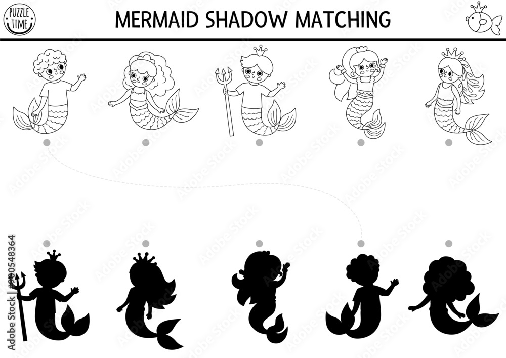 Mermaid and merman black and white shadow matching activity with sea princess. Ocean kingdom line puzzle. Find correct silhouette printable worksheet, game. Marine coloring page for kids Mermaid and merman black and white shadow matching activity with sea princess. Ocean kingdom line puzzle. Find correct silhouette printable worksheet, game. Marine coloring page for kids