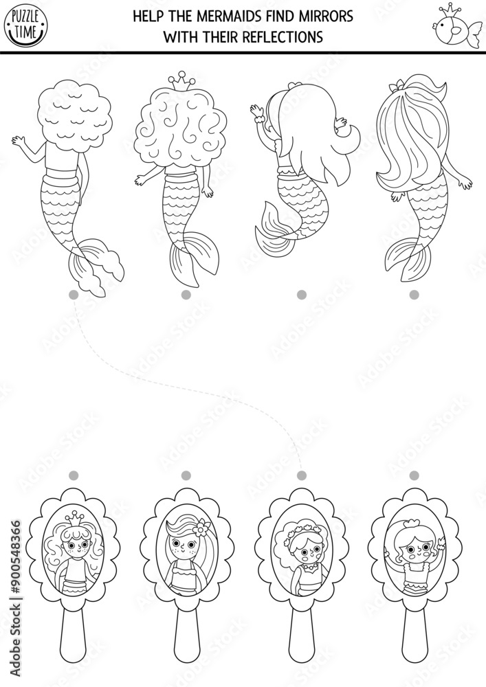 Mermaid black and white matching activity with front and back view. Marine puzzle with sea princess reflections in mirror. Ocean kingdom printable line worksheet. Fairytale logical coloring page Mermaid black and white matching activity with front and back view. Marine puzzle with sea princess reflections in mirror. Ocean kingdom printable line worksheet. Fairytale logical coloring page