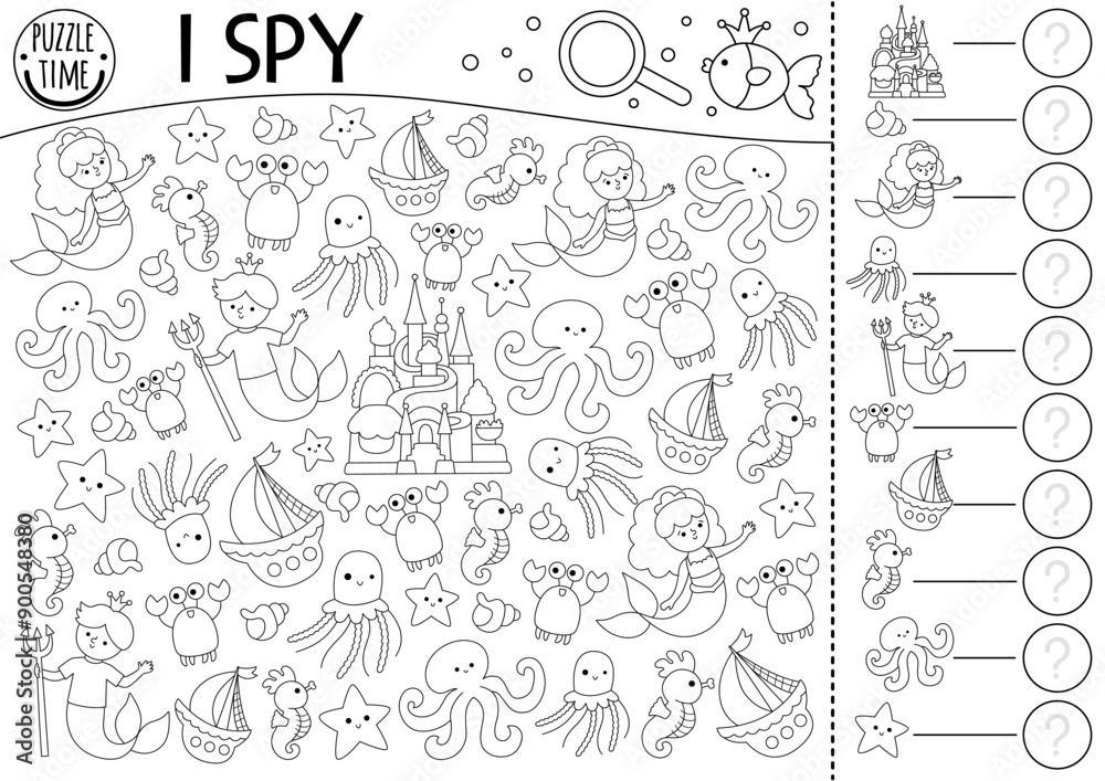 Mermaid black and white I spy game for kids. Searching, counting line activity with merman, palace, ship, octopus. Ocean kingdom printable worksheet, coloring page. Marine spotting puzzle Mermaid black and white I spy game for kids. Searching, counting line activity with merman, palace, ship, octopus. Ocean kingdom printable worksheet, coloring page. Marine spotting puzzle