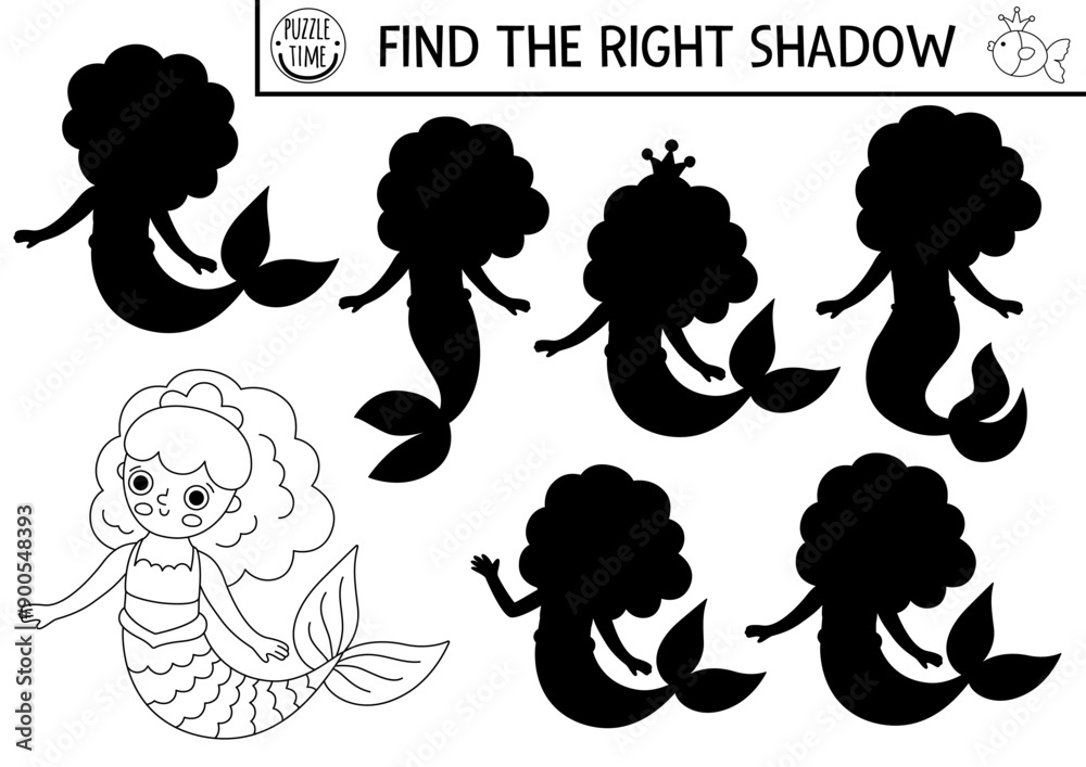 Mermaid black and white shadow matching activity with sea princess ...
