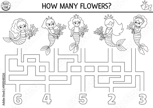 Mermaid black and white counting maze for kids with seaweed flower bouquets. Marine printable activity, coloring page. Ocean kingdom line labyrinth game. Math worksheet with sea princess