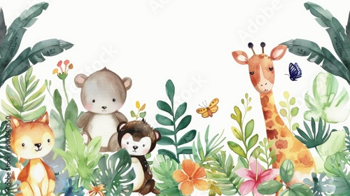 Wallpaper Mural Cute watercolor frame with adorable animals and vibrant plants, providing a whimsical backdrop for your message. Torontodigital.ca