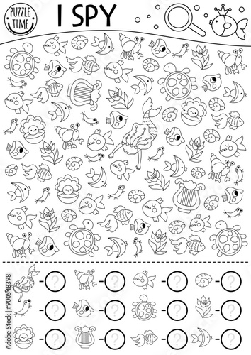 Mermaid black and white I spy game for kids. Searching, counting line activity with harp, turtle, seashell. Fairytale ocean kingdom line printable worksheet for children. Marine spotting puzzle