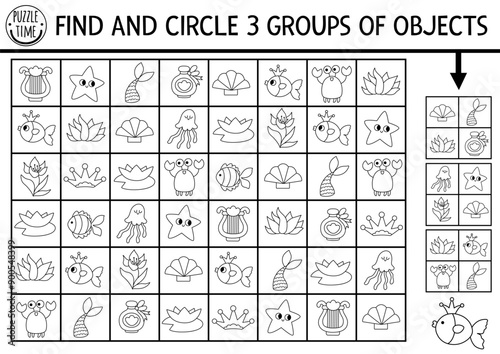 Mermaid black and white seek and find game. Line puzzle with seashell, crab, comb, crown. Fairytale ocean kingdom printable activity for kids. Marine searching puzzle, coloring page
