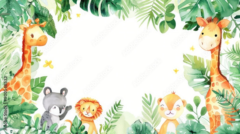 Obraz premium Cute watercolor frame with adorable animals and vibrant plants, offering a whimsical backdrop for your message