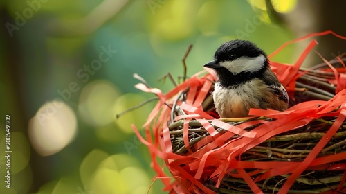 Bird in Nest with Red Tape