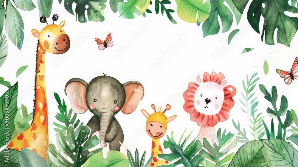 Naklejka premium Cute watercolor frame with charming animals and vibrant plants, providing a whimsical backdrop for your message.