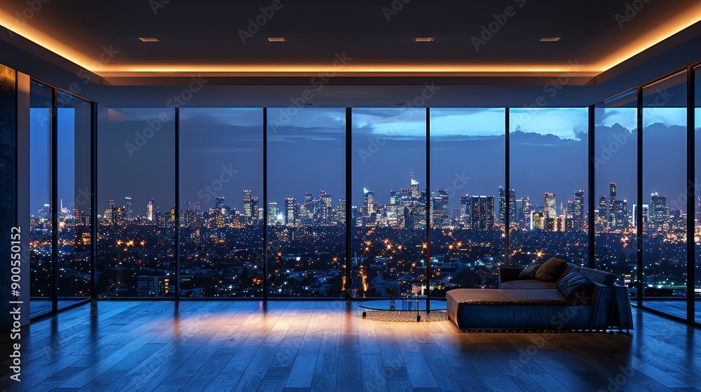 Fototapeta premium Spacious room with bare walls, featuring a panoramic city view at night through a wide window, city lights glowing in the distance