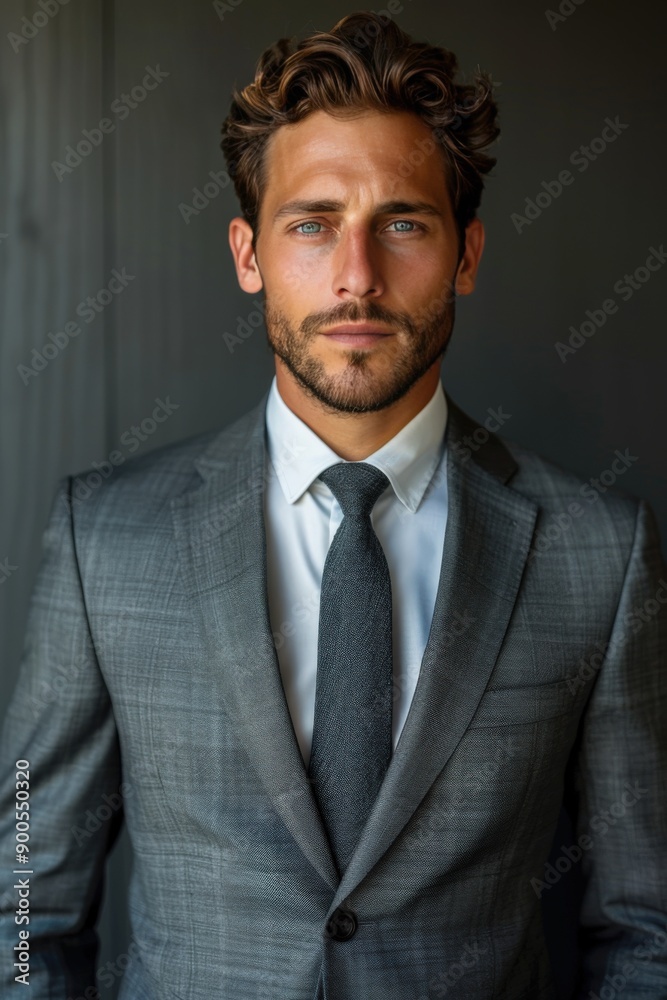 Portrait of a confident man in a gray suit against a dark background Portrait of a confident man in a gray suit against a dark background