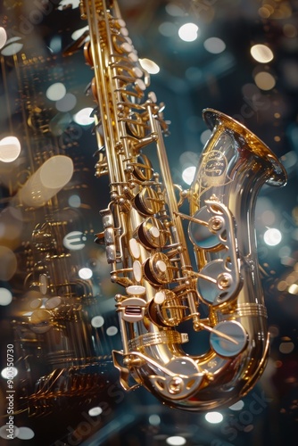 Close up image of a beautiful and shiny saxophone.