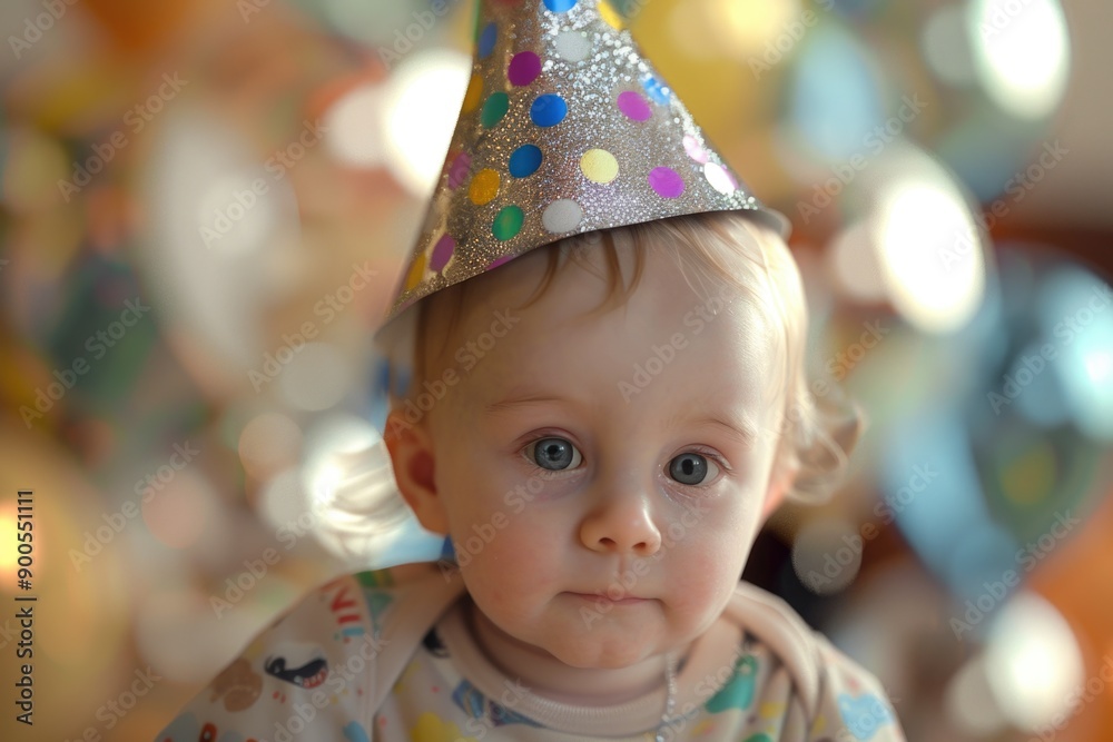 A young child wearing a colorful party hat, perfect for celebrations and special occasions A young child wearing a colorful party hat, perfect for celebrations and special occasions