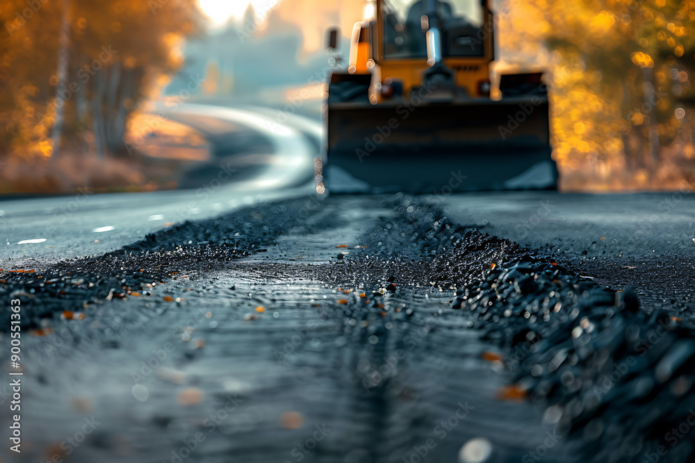 Heavy road equipment repairing the road and laying fresh asphalt, showcasing modern construction and infrastructure maintenance. The scene highlights the machinery, workers, and process involved in ro Heavy road equipment repairing the road and laying fresh asphalt, showcasing modern construction and infrastructure maintenance. The scene highlights the machinery, workers, and process involved in ro