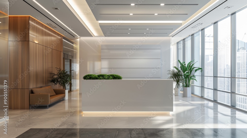 Fototapeta premium A modern lobby featuring a large plant in the center, ideal for office or commercial spaces