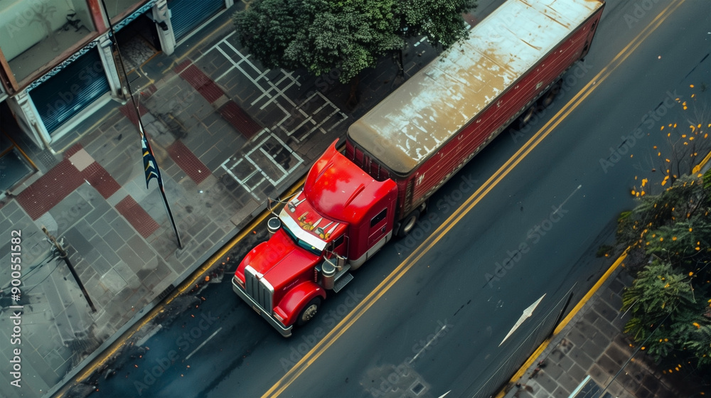 Naklejka premium Red Truck on City Street from Above