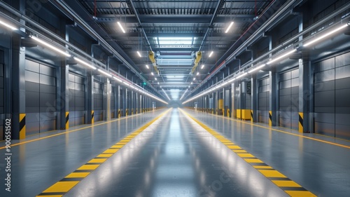 Modern Industrial Warehouse Interior with Bright Lighting and Clean Aisles, Featuring High Ceilings and Metal Structures