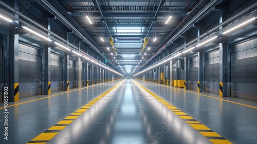 Modern Industrial Warehouse Interior with Bright Lighting and Clean Aisles, Featuring High Ceilings and Metal Structures © YUTTADANAI