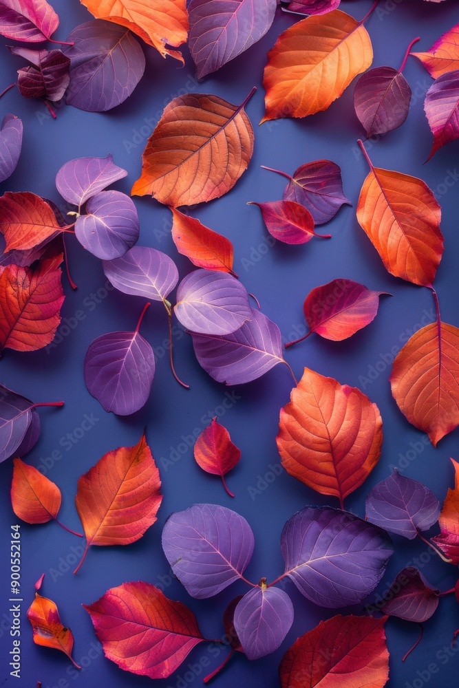 Vibrant autumn leaves in shades of red and orange on purple Vibrant autumn leaves in shades of red and orange on purple