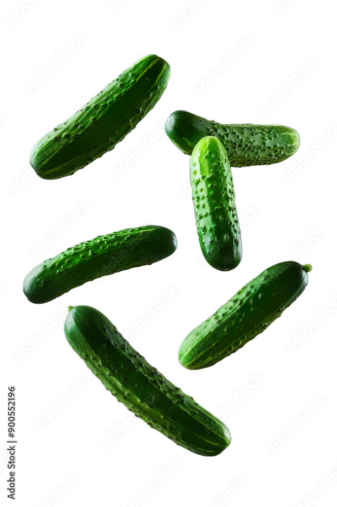 Crisp green cucumbers floating vertical in mid-air against isolated on transparent background. Crisp green cucumbers floating vertical in mid-air against isolated on transparent background.