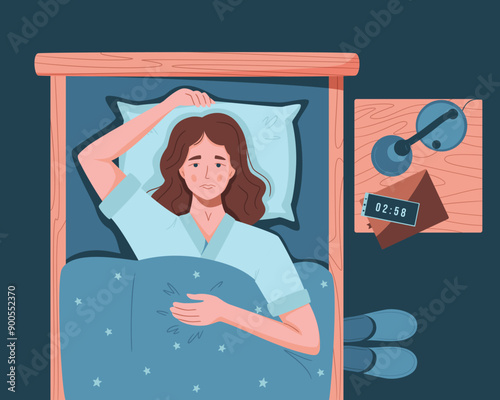 Sleep disorder, insomnia, sleeplessness. Young tired and exhausted woman lying in bed with open eyes in darkness night room. Frustrated person with problem. Character vector illustration in flat style