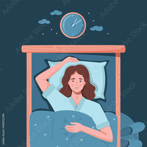 Sleep disorder, insomnia, sleeplessness. Young tired and exhausted woman lying in bed with open eyes in darkness night room. Frustrated person with problem. Character vector illustration in flat style