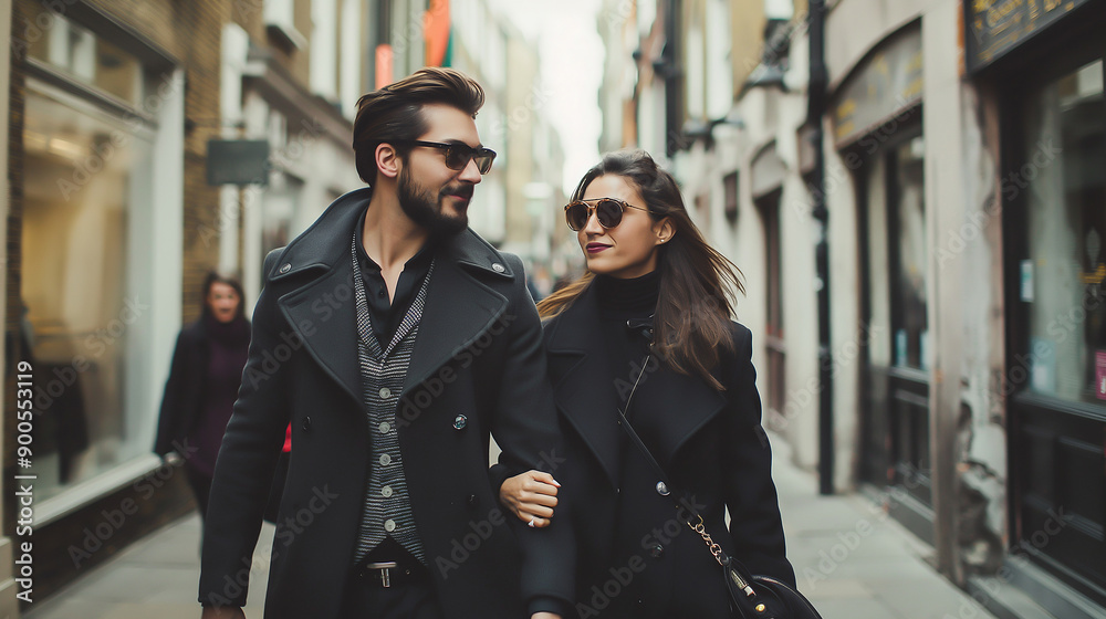 A stylish couple walking hand in hand on street in London A stylish couple walking hand in hand on street in London