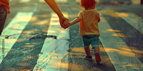 A small child carefully crosses the street, their mother's hand firmly gripping their own. photo