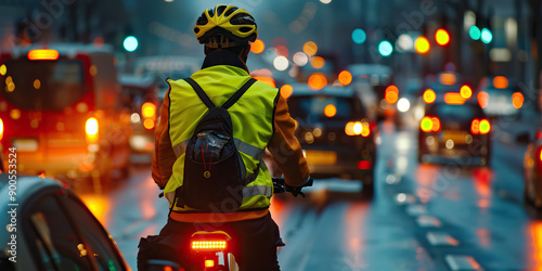 A bicyclist wears a bright yellow vest and flashing lights while riding through heavy traffic. photo