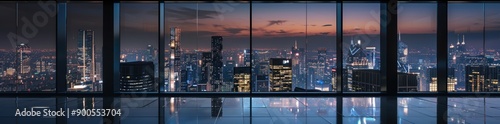 empty office room with floor to ceiling windows overlooking the city skyline at night, skyscrapers, city lights