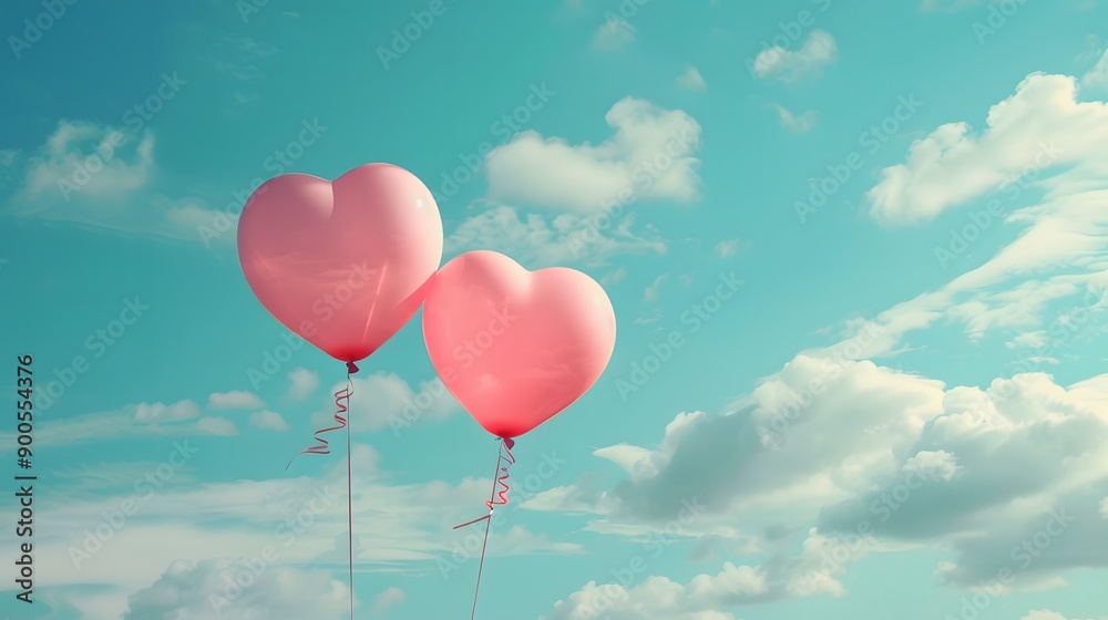 Two pink balloons on panoramic sky background, love and couple concept. Two pink balloons on panoramic sky background, love and couple concept.