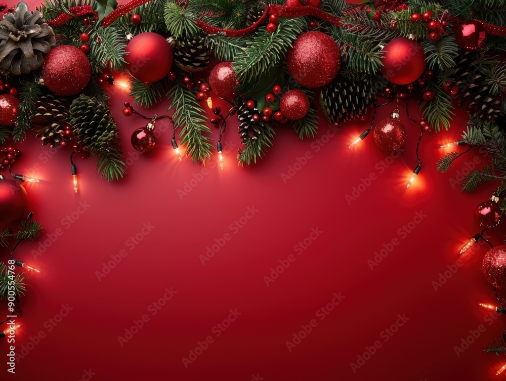 Christmas decorations with red baubles and pine branches on a red background Christmas decorations with red baubles and pine branches on a red background
