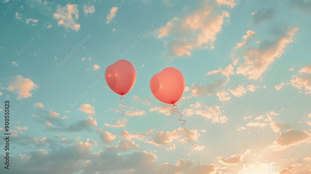 Fototapeta premium Two pink balloons on panoramic sky background, love and couple concept. 