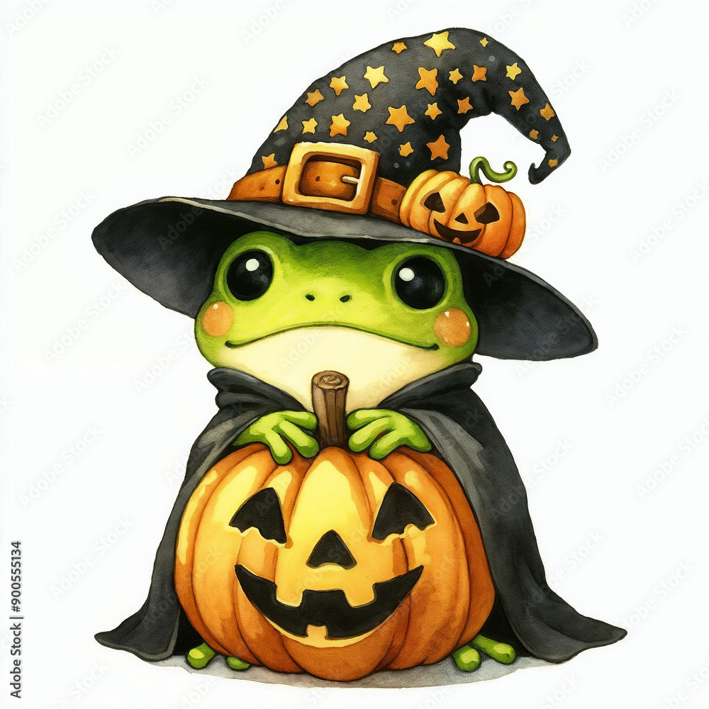 Obraz premium Cute cartoon halloween frog with pumpkin on white background. AI 