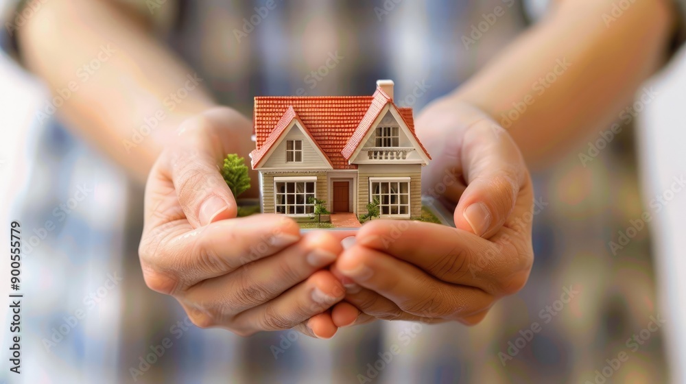 Woman Enthusiastically Holding a Small Model House While Reviewing Rental Property Documents Woman Enthusiastically Holding a Small Model House While Reviewing Rental Property Documents