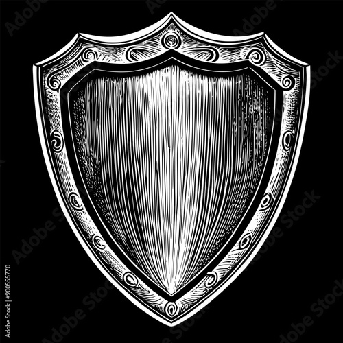 A black and white drawing of a shield with a white border
