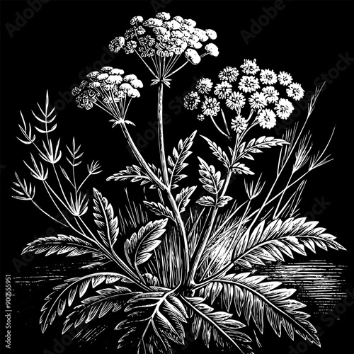 A black and white drawing of a plant with a few flowers