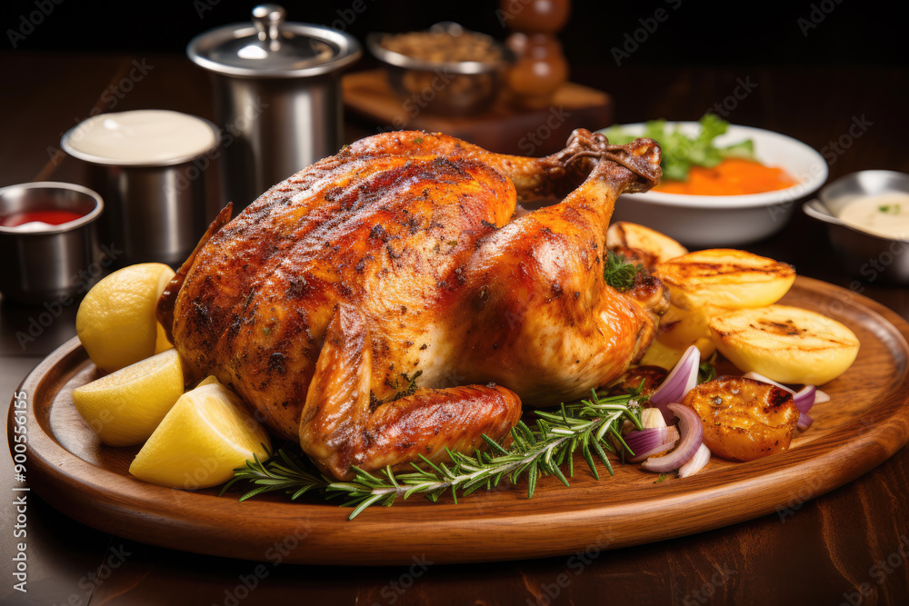 generated illustration roasted chicken or turkey with potatoes on table, dish for holiday, thanksgiving. generated illustration roasted chicken or turkey with potatoes on table, dish for holiday, thanksgiving.