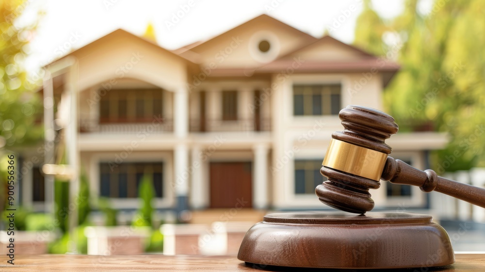 Judge's Gavel Positioned on Wooden Table in Front of Modern House During Bright Daylight Judge's Gavel Positioned on Wooden Table in Front of Modern House During Bright Daylight