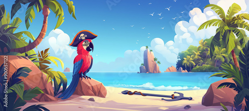 The Pirate parrot in hat on anchor and tropical beach landscape, game background, Illustration