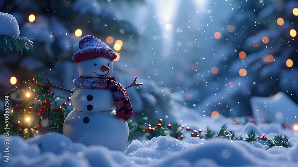 Obraz premium A serene winter scene with a snowman surrounded by trees, captured in a raw, artistic style.