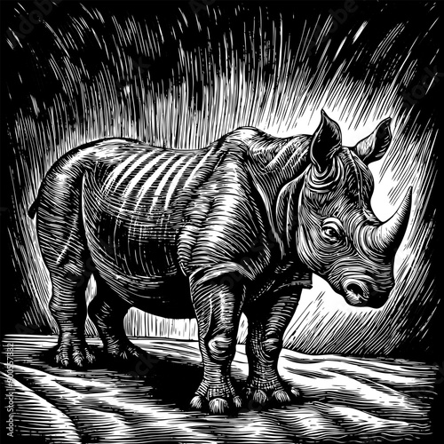 A rhino is standing in the foreground of a black and white drawing