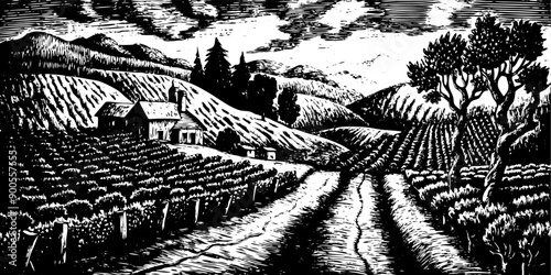 A black and white drawing of a rural landscape with a road running through it