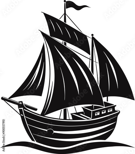 A black and white drawing of a sailboat