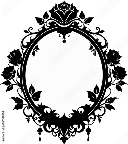 A black and white framed oval with a rose design