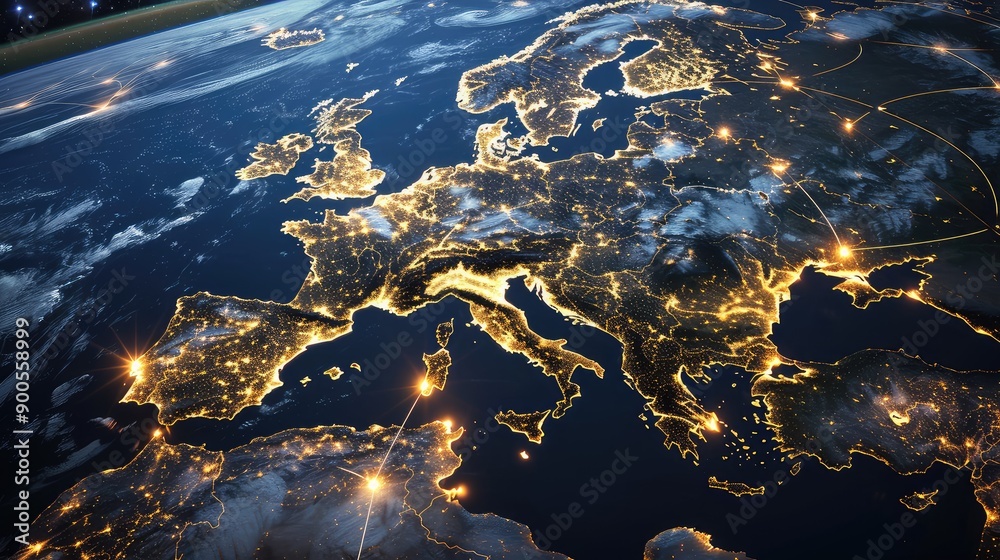 A stunning satellite view of Europe at night, showcasing illuminated cities and networks against a dark backdrop. A stunning satellite view of Europe at night, showcasing illuminated cities and networks against a dark backdrop.