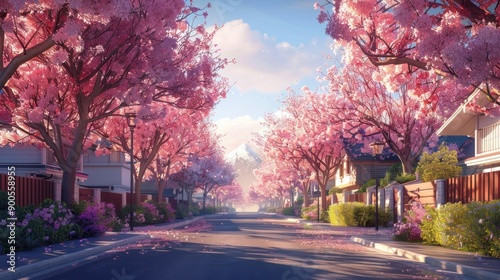 Cherry blossom trees blooming in beautiful pink color on the side of a Japanese highway